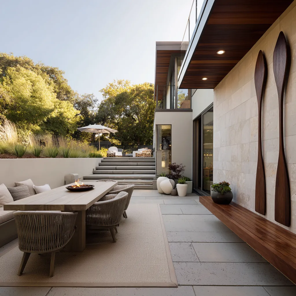side-yard backyard design with wall-mounted sculptural paddles, long bench, fire dining table, woven curved chairs, broad stair