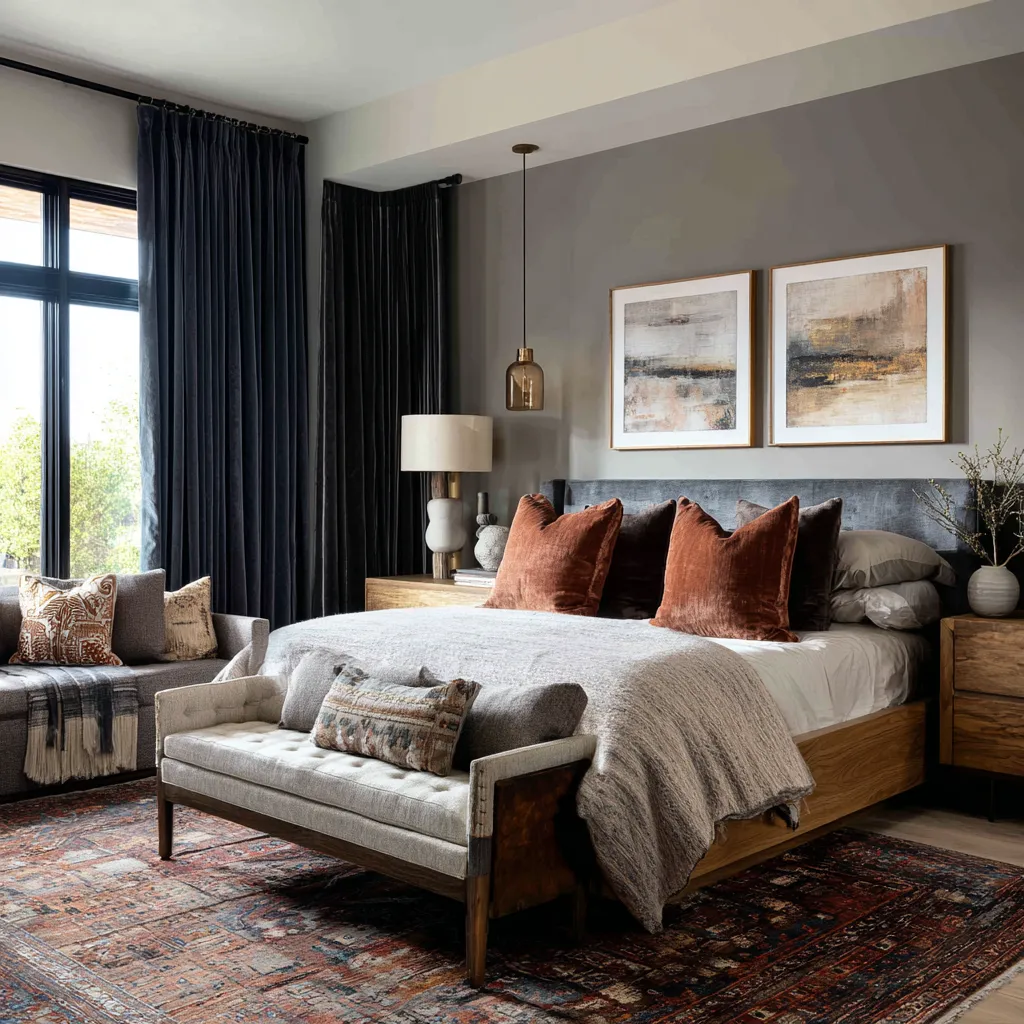 slate-gray wall eclectic maximalist bedroom design with navy drapery, warm oak bed, rust velvet pillows, patterned rug, and sitting area