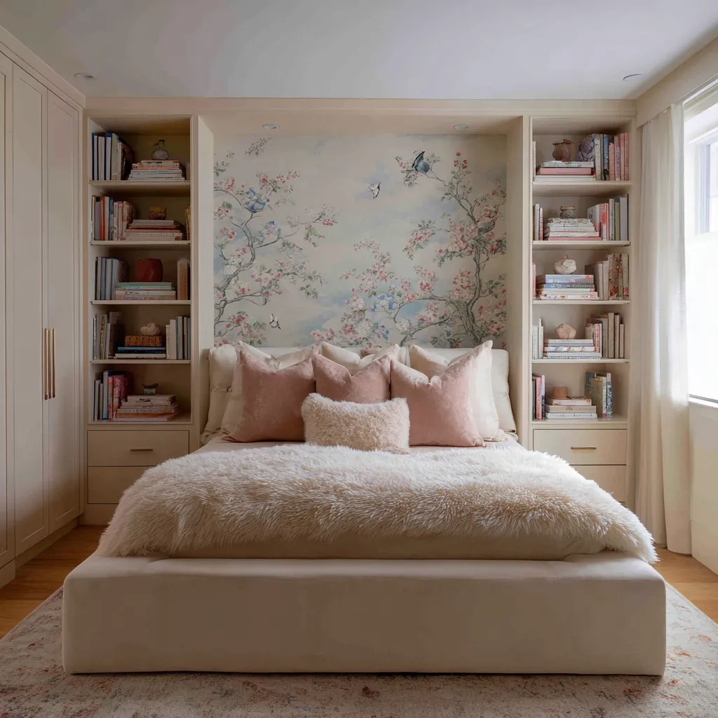 soft blush, pale cream, powder pink, touches of sky blue, and warm ivory creating a maximalist bedroom design soft blush, pale cream, powder pink, touches of sky blue, and warm ivory creating a maximalist bedroom design