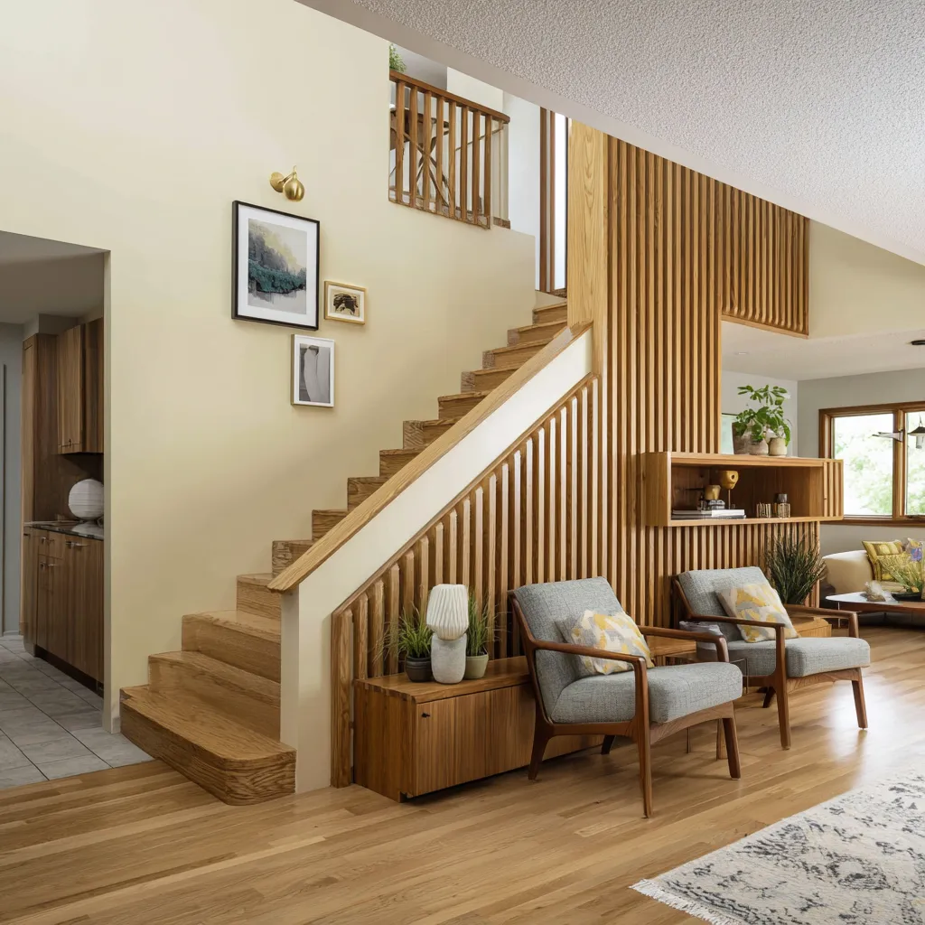 split-level lounge design concept in Danish style with a dramatic slatted wood stair wall, low wood-framed chairs split-level lounge design concept in Danish style with a dramatic slatted wood stair wall, low wood-framed chairs