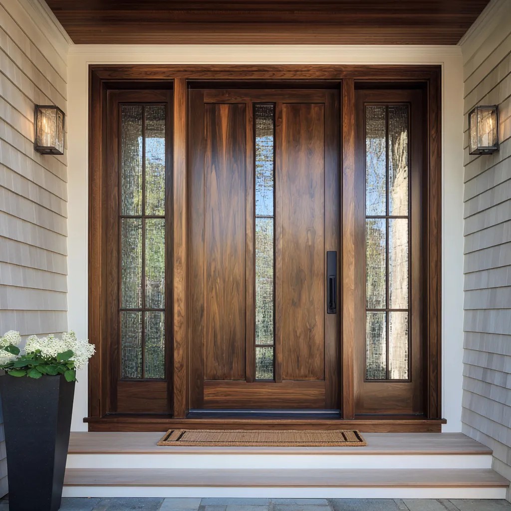 stained wood main entry concept set deep within a porch recess, with vertical seeded-glass panels, narrow sidelights stained wood main entry concept set deep within a porch recess, with vertical seeded-glass panels, narrow sidelights