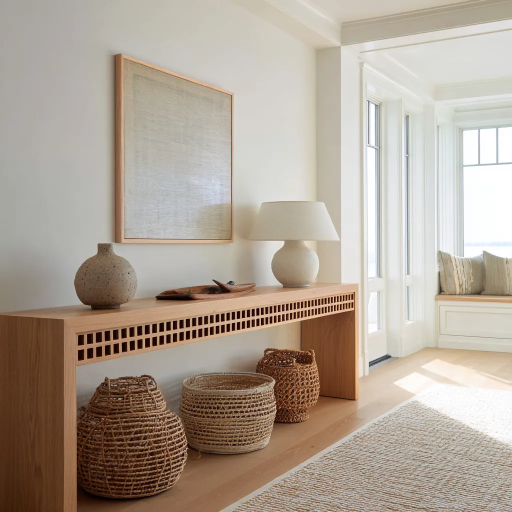stylish design with warm wood console, woven baskets below, large tonal artwork, runner rug, and bright layered interior composition