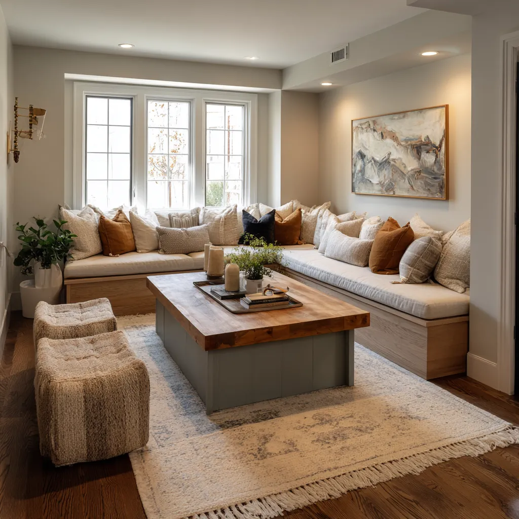 suburban-type living room design concept in Norwegian style with L-shaped built-in seating, layered neutral pillows suburban-type living room design concept in Norwegian style with L-shaped built-in seating, layered neutral pillows