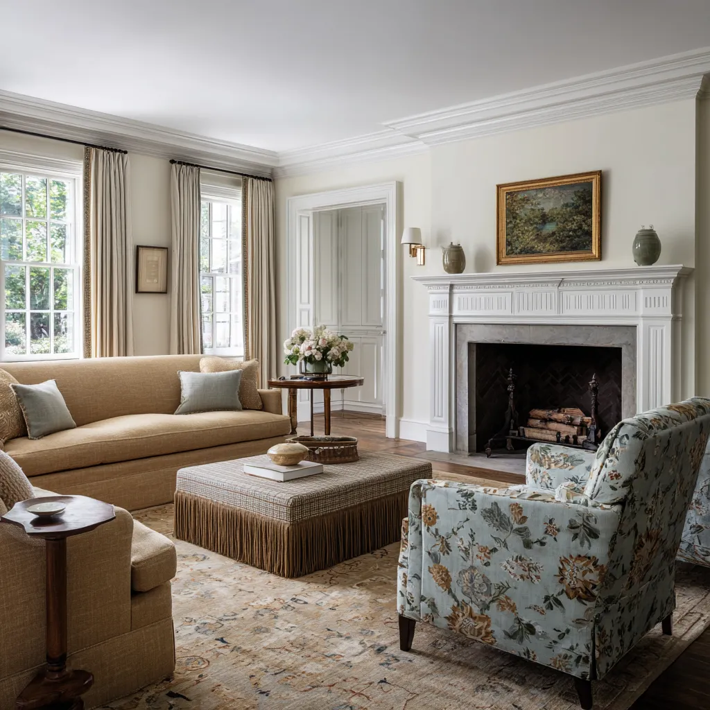 tailored traditional shell, warm camel seating, floral accent chairs, and a restrained grandmillennial design built on texture rather than excess tailored traditional shell, warm camel seating, floral accent chairs, and a restrained grandmillennial design built on texture rather than excess