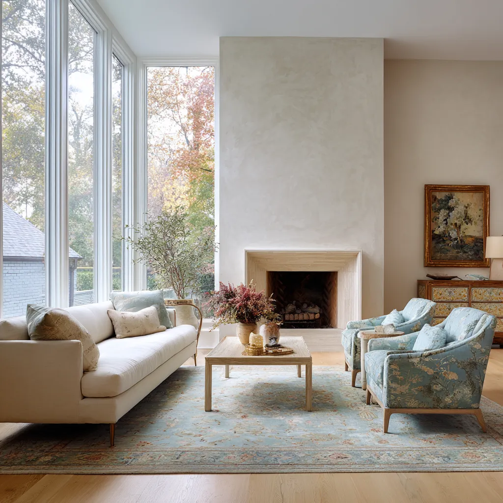 tall plaster chimney wall, pale sofa, blue patterned chairs, airy rug, and window-led composition tall plaster chimney wall, pale sofa, blue patterned chairs, airy rug, and window-led composition