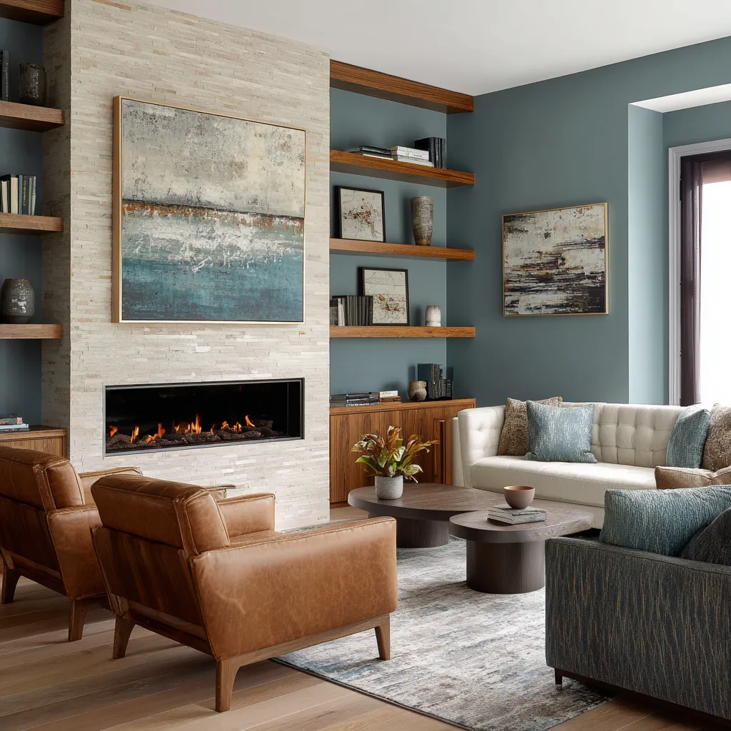 teal eclectic maximalist living room ideas with pale stone fireplace, floating wood shelves, ivory sofa, caramel leather chairs teal eclectic maximalist living room ideas with pale stone fireplace, floating wood shelves, ivory sofa, caramel leather chairs