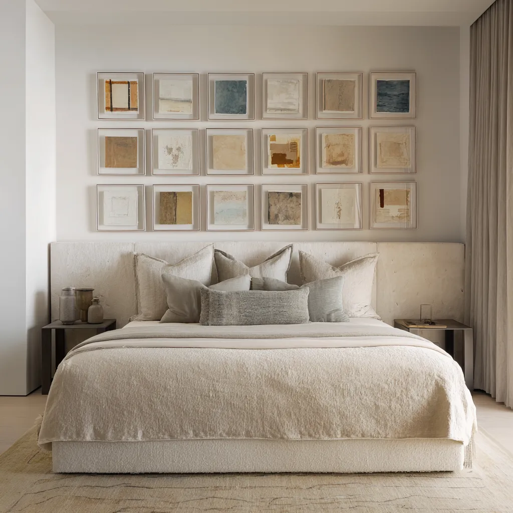 twelve small framed studies in two long rows above a wide pale headboard, creating a polished band of soft neutral wall art twelve small framed studies in two long rows above a wide pale headboard, creating a polished band of soft neutral wall art