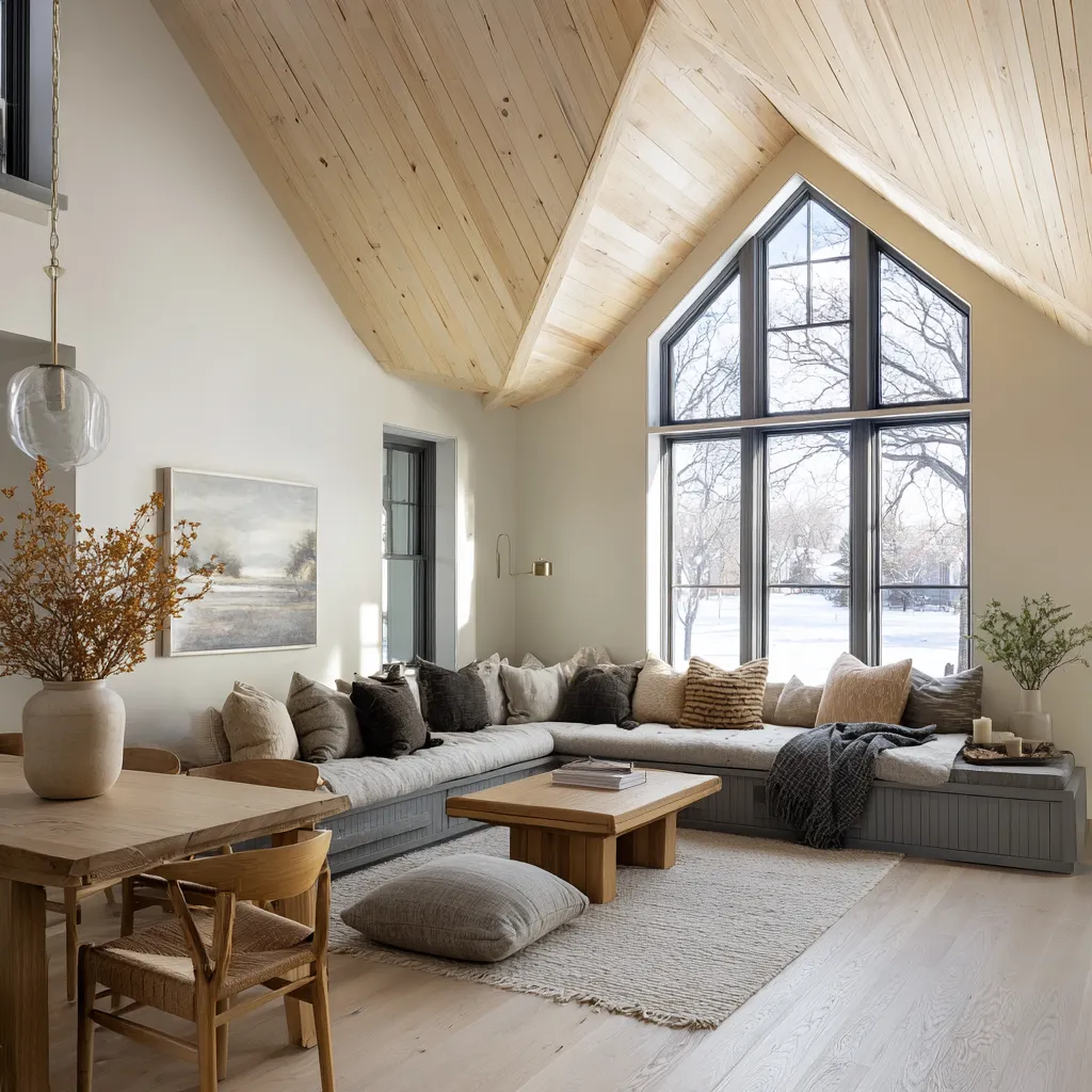 upper living room interior design ideas with vaulted pale timber ceiling, full gable window, wraparound built-in bench upper living room interior design ideas with vaulted pale timber ceiling, full gable window, wraparound built-in bench