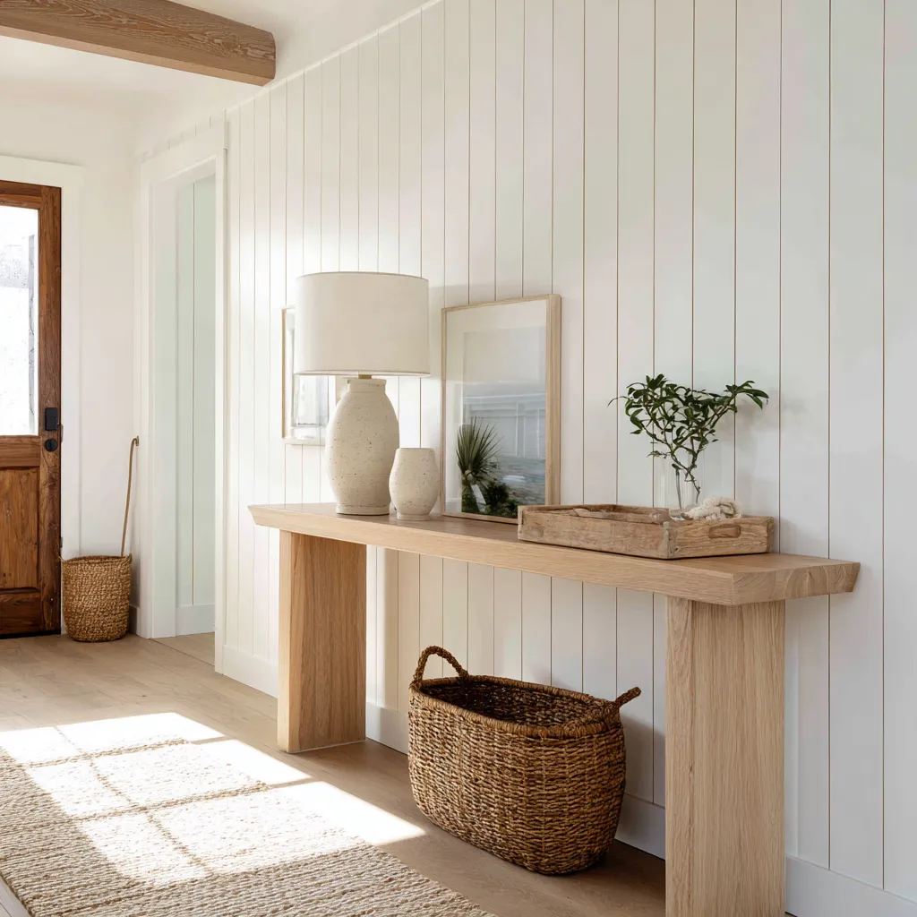 vertical wall paneling, long wood console, leaned seascape art, woven basket, and bright sunlit decoration ideas vertical wall paneling, long wood console, leaned seascape art, woven basket, and bright sunlit decoration ideas