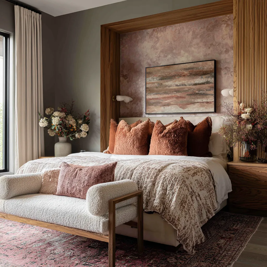 walnut bed alcove, plaster-like blush wall, terracotta pillows, boucle bench, and layered pink-earth palette walnut bed alcove, plaster-like blush wall, terracotta pillows, boucle bench, and layered pink-earth palette