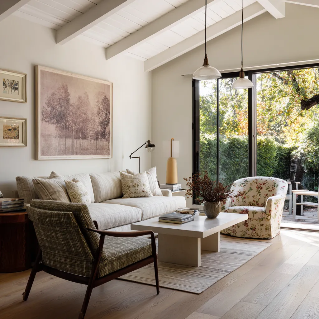 white vaulted ceiling, black-framed glass doors, plaid and floral accent seating, soft neutral sofa, and a California-leaning grandmillennial blend white vaulted ceiling, black-framed glass doors, plaid and floral accent seating, soft neutral sofa, and a California-leaning grandmillennial blend