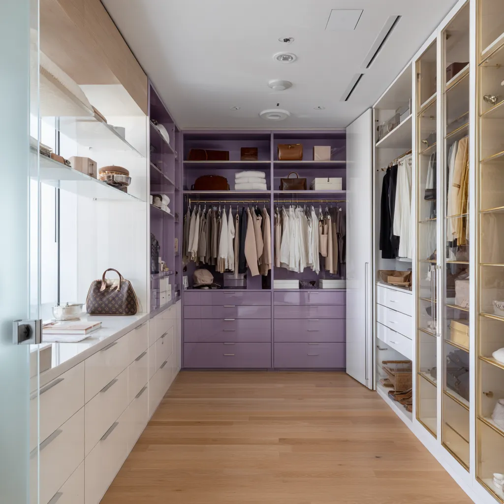 Amethyst-smoke walk-in closet with glossy lavender cabinetry, white lacquer storage, glass display cases, brass-framed doors Amethyst-smoke walk-in closet with glossy lavender cabinetry, white lacquer storage, glass display cases, brass-framed doors