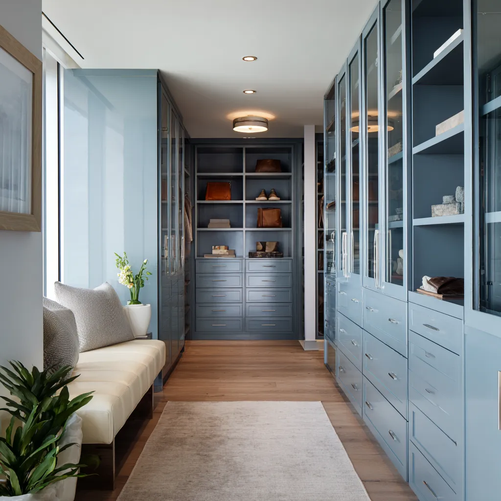 Blue-smoke walk-in closet with glass-front cabinetry, deeper blue back wall, cream bench, warm wood flooring, and botanical accents Blue-smoke walk-in closet with glass-front cabinetry, deeper blue back wall, cream bench, warm wood flooring, and botanical accents