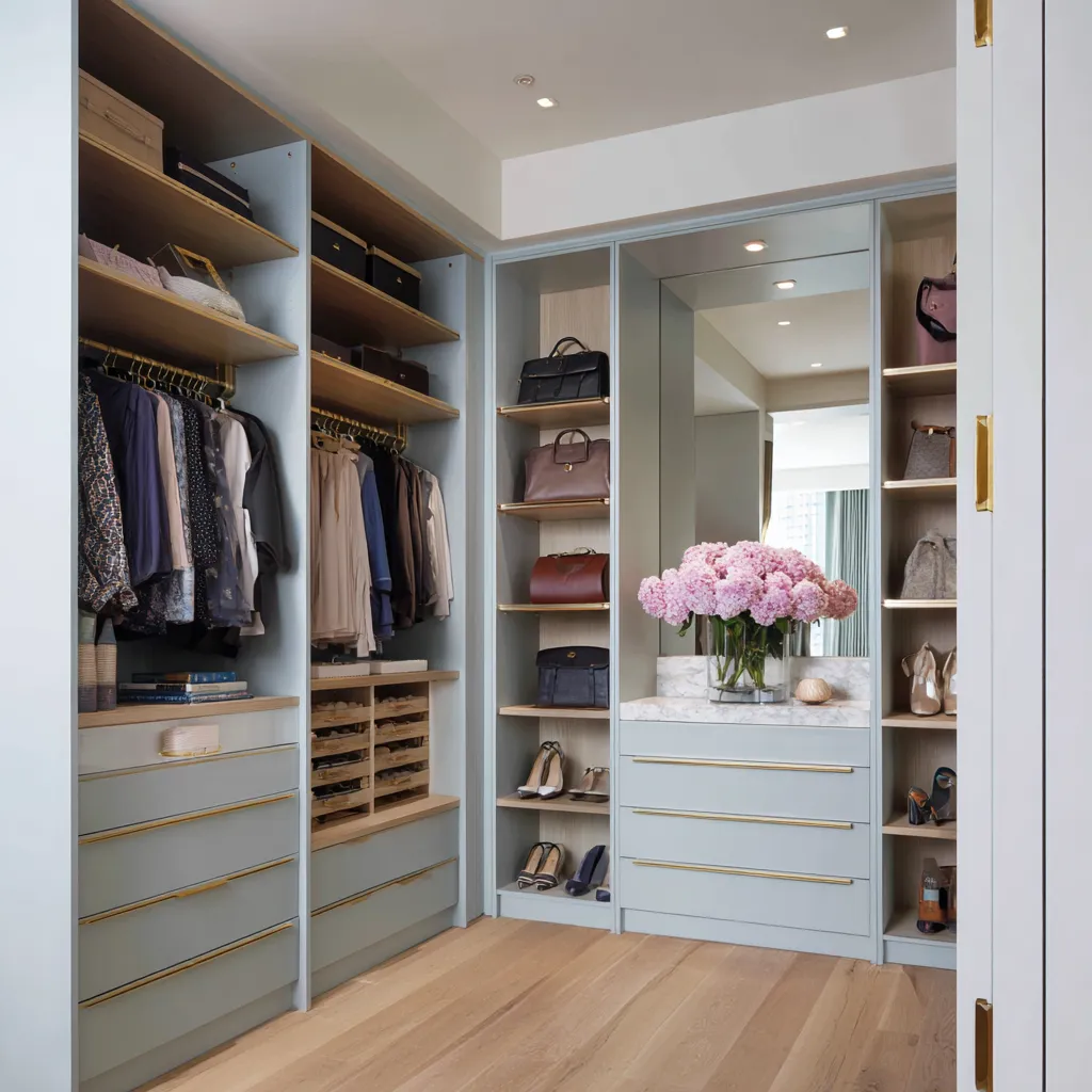 Blueberry-smoke walk-in closet with pale blue-gray cabinetry, natural oak interiors, brass rails, marble vanity surface Blueberry-smoke walk-in closet with pale blue-gray cabinetry, natural oak interiors, brass rails, marble vanity surface