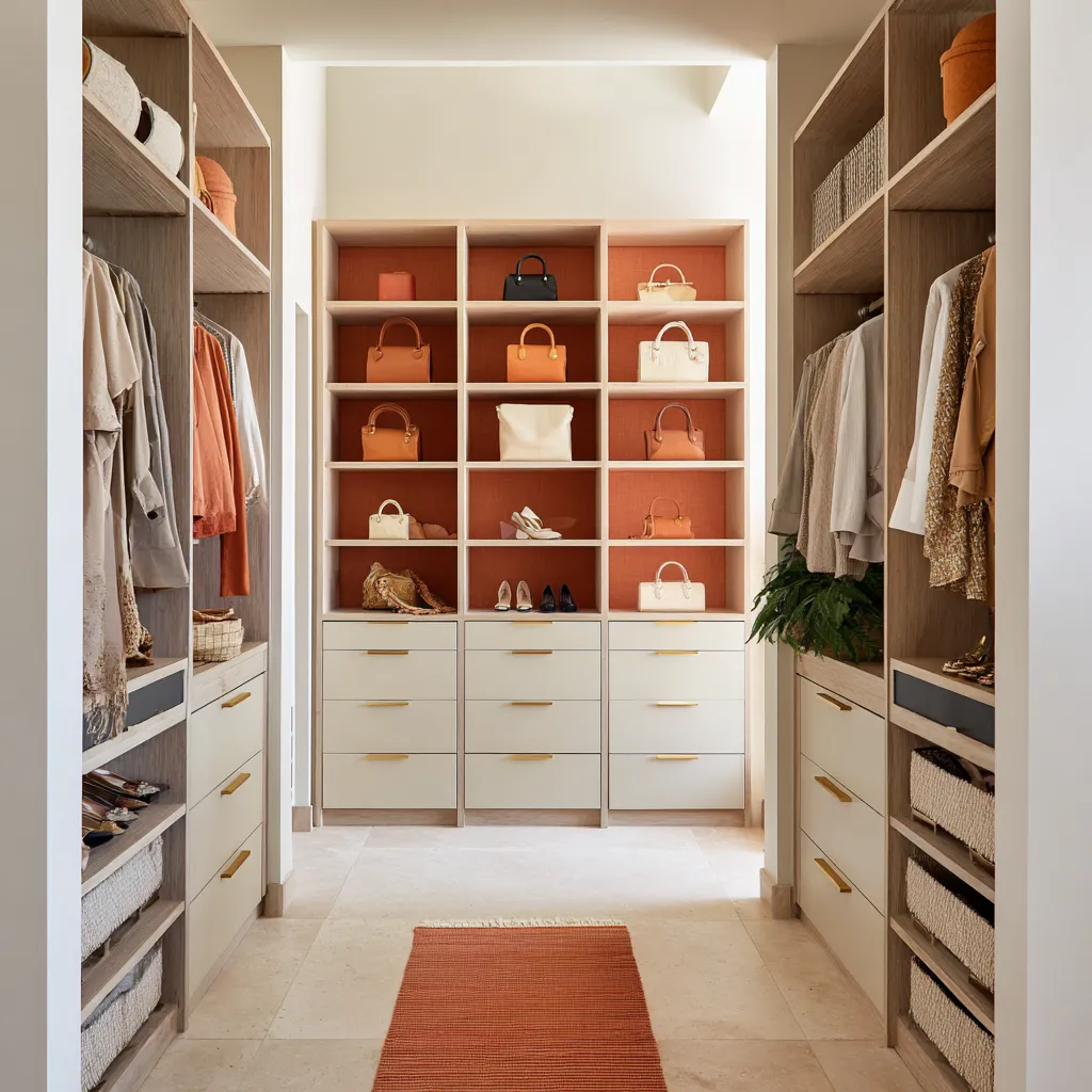 Burnt apricot walk-in closet with oak side storage, cream drawer fronts, woven baskets, brass hardware, and a terracotta display wall Burnt apricot walk-in closet with oak side storage, cream drawer fronts, woven baskets, brass hardware, and a terracotta display wall