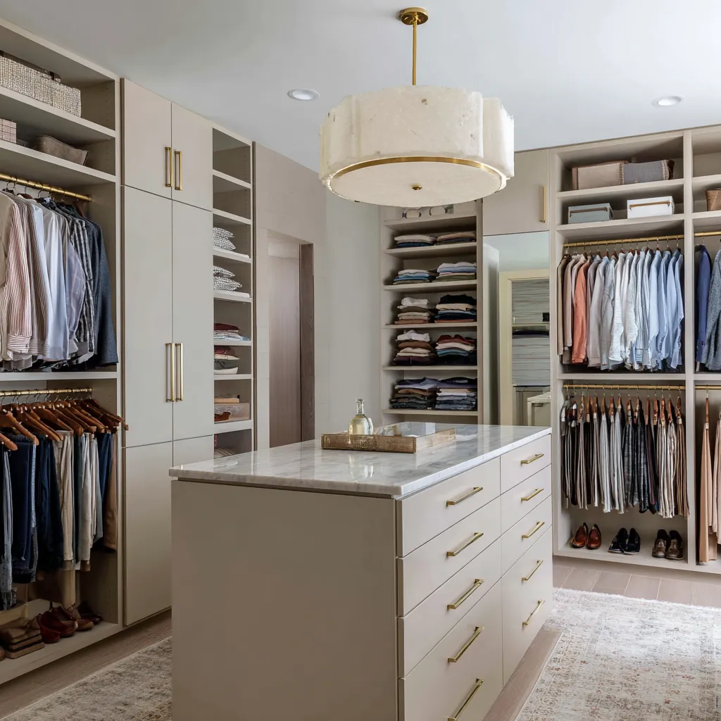 Cashmere-clay walk-in closet with a marble island, soft beige cabinetry, brass hardware, open wardrobe walls Cashmere-clay walk-in closet with a marble island, soft beige cabinetry, brass hardware, open wardrobe walls