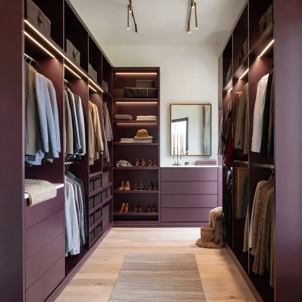 Deep blackcurrant-clay walk-in closet with warm linear lighting, mauve drawer wall, pale oak flooring, and boutique-like storage rhythm Deep blackcurrant-clay walk-in closet with warm linear lighting, mauve drawer wall, pale oak flooring, and boutique-like storage rhythm