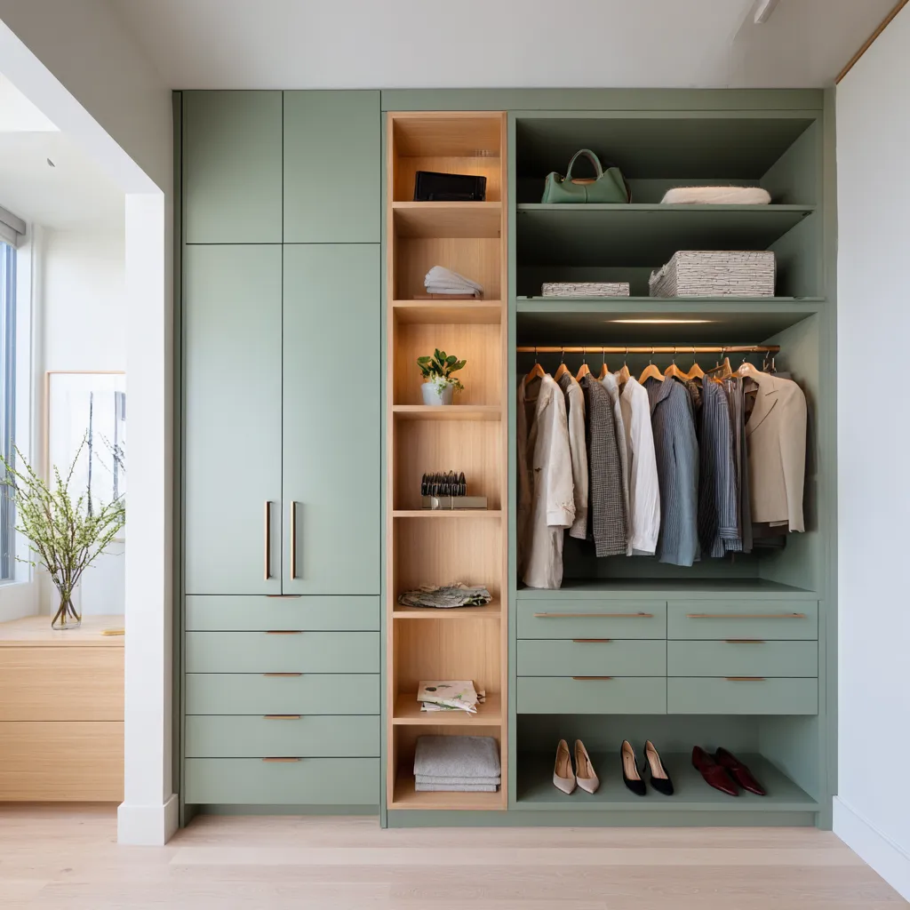 Deep celadon walk-in closet with sage-green built-ins, warm oak open shelving, brass handles, pale flooring Deep celadon walk-in closet with sage-green built-ins, warm oak open shelving, brass handles, pale flooring