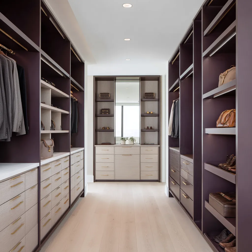 Deep plum walk-in closet with pale oak drawer bands, champagne brass pulls, white ceiling, and a lighter display wall at the end Deep plum walk-in closet with pale oak drawer bands, champagne brass pulls, white ceiling, and a lighter display wall at the end