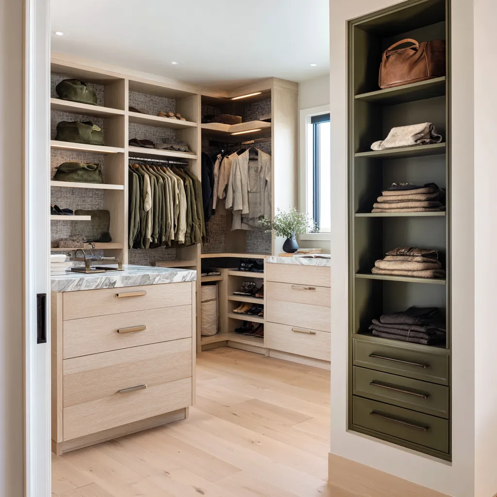 Midnight juniper walk-in closet with pale oak cabinetry, stone drawer tops, gray textile backing, and a dark olive-green inset display tower Midnight juniper walk-in closet with pale oak cabinetry, stone drawer tops, gray textile backing, and a dark olive-green inset display tower