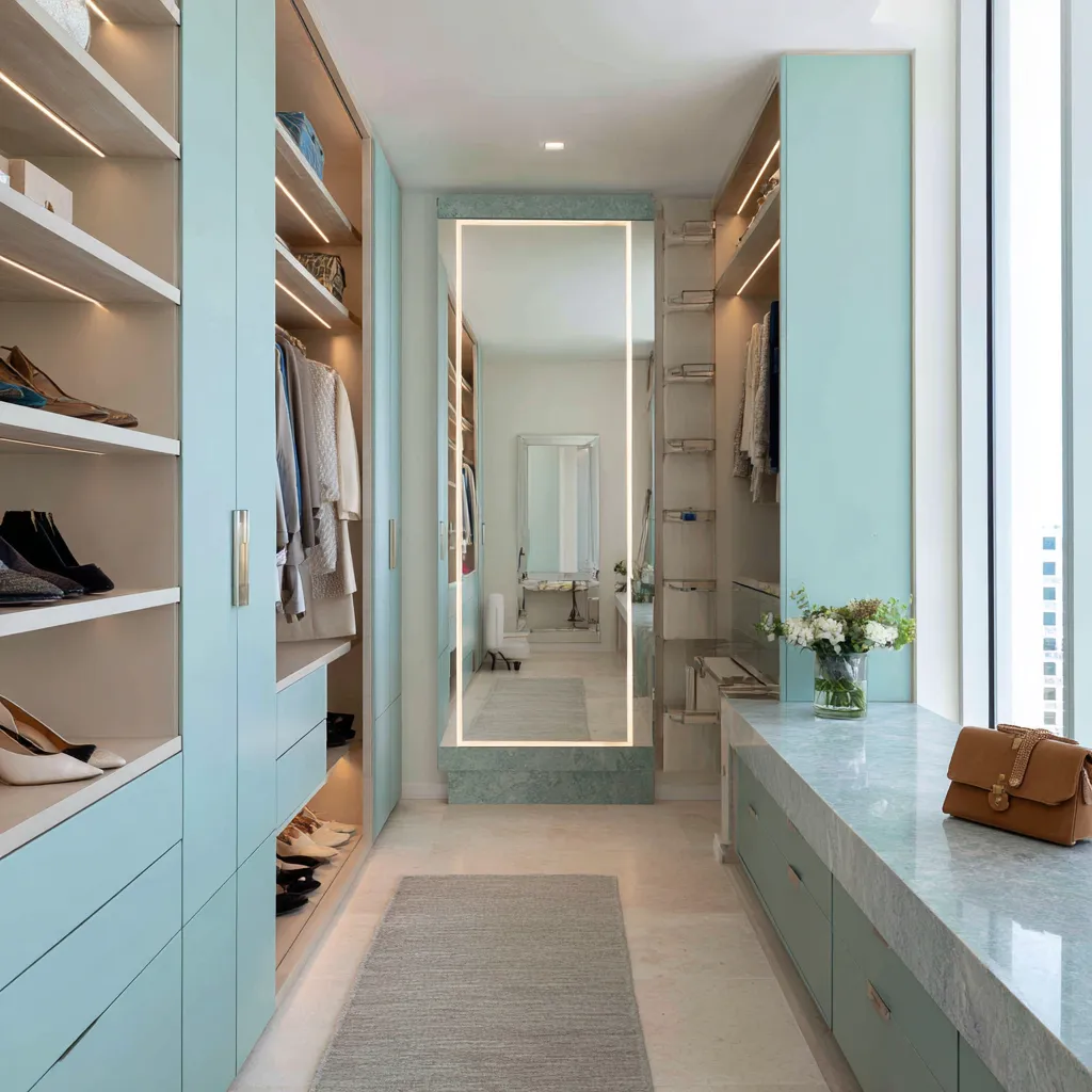 Mineral turquoise walk-in closet with aqua cabinetry, pale stone flooring, warm shelf lighting, illuminated mirror Mineral turquoise walk-in closet with aqua cabinetry, pale stone flooring, warm shelf lighting, illuminated mirror