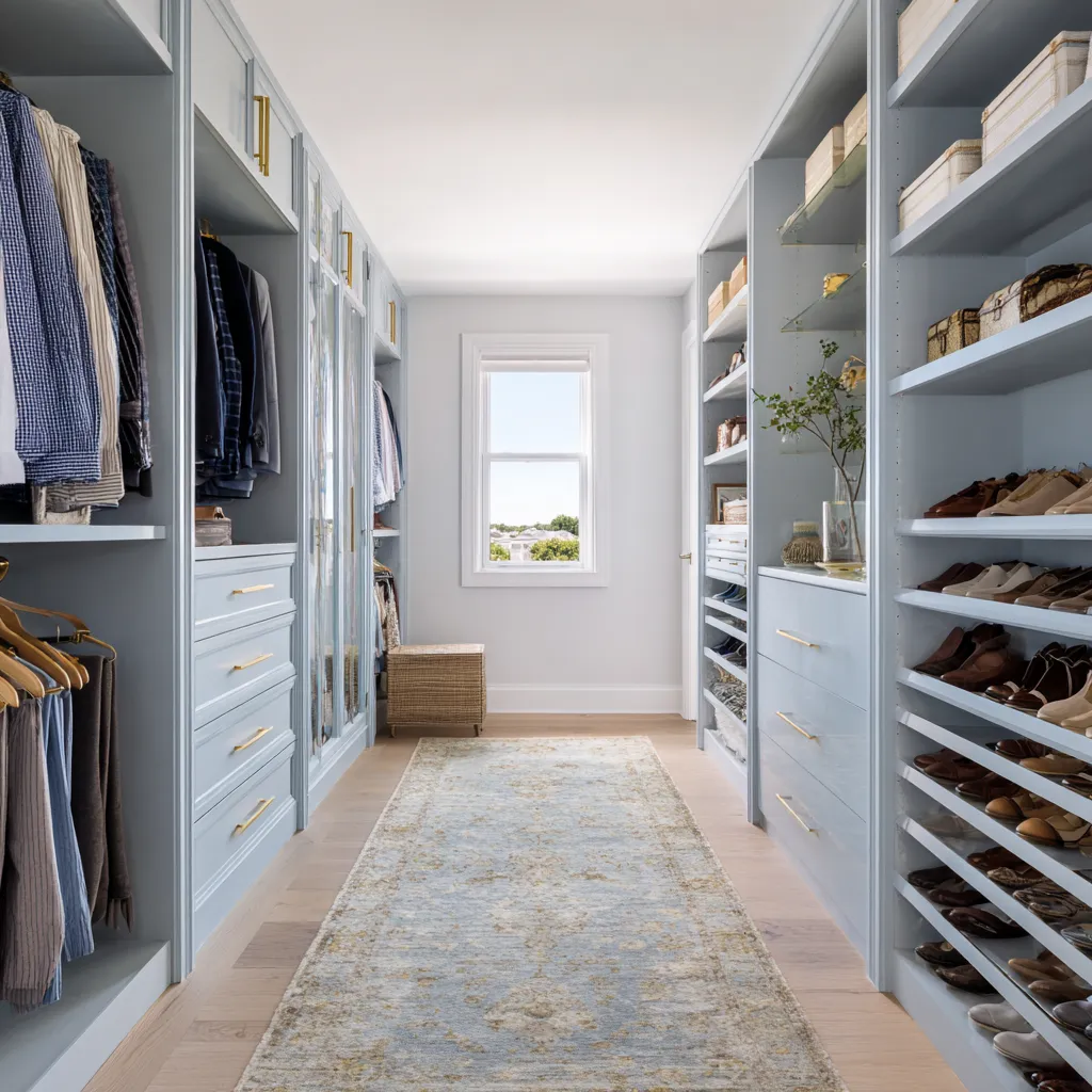 Moonstone blue walk-in closet with soft blue cabinetry, brass hardware, pale patterned runner, white window wall Moonstone blue walk-in closet with soft blue cabinetry, brass hardware, pale patterned runner, white window wall