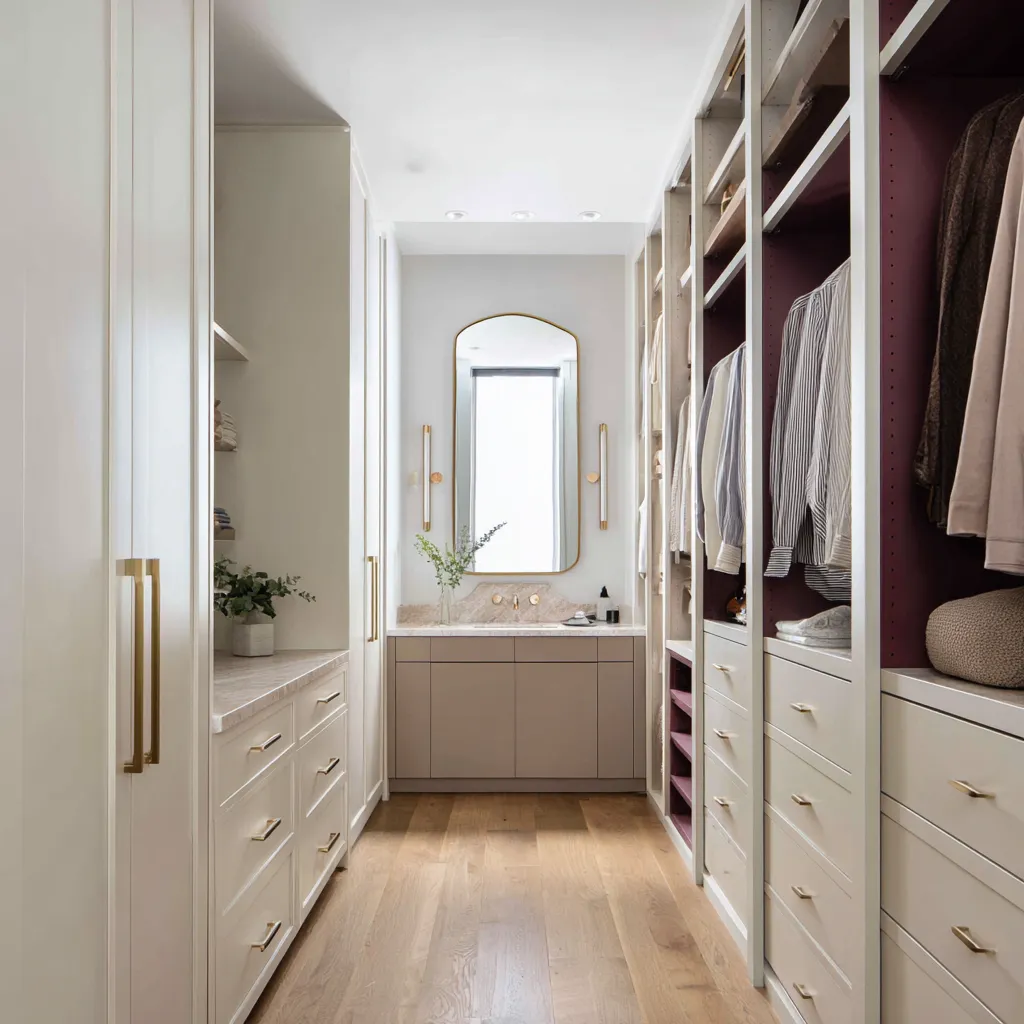 Mulberry-clay walk-in closet with cream cabinetry, burgundy interior panels, taupe vanity drawers, arched mirror, brass sconces Mulberry-clay walk-in closet with cream cabinetry, burgundy interior panels, taupe vanity drawers, arched mirror, brass sconces