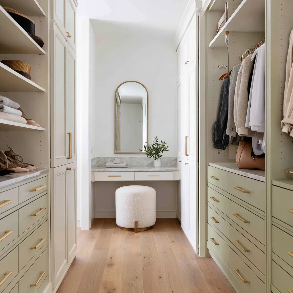 Olive-pearl walk-in closet with soft green-beige cabinetry, brass hardware, marble vanity ledge, arched mirror, and warm oak flooring Olive-pearl walk-in closet with soft green-beige cabinetry, brass hardware, marble vanity ledge, arched mirror, and warm oak flooring