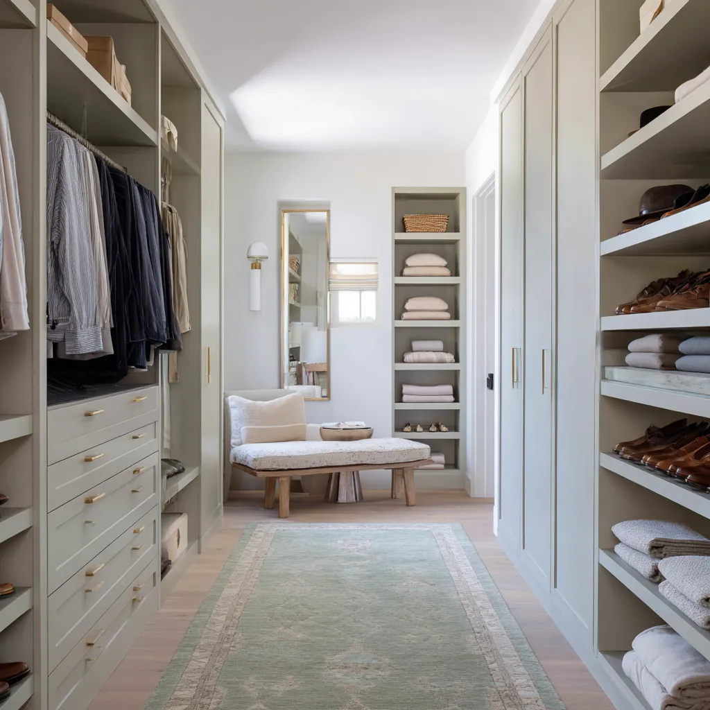 Opaline sage walk-in closet with soft green-gray cabinetry, pale bench seating, brass mirror frame, mint-bordered rug Opaline sage walk-in closet with soft green-gray cabinetry, pale bench seating, brass mirror frame, mint-bordered rug