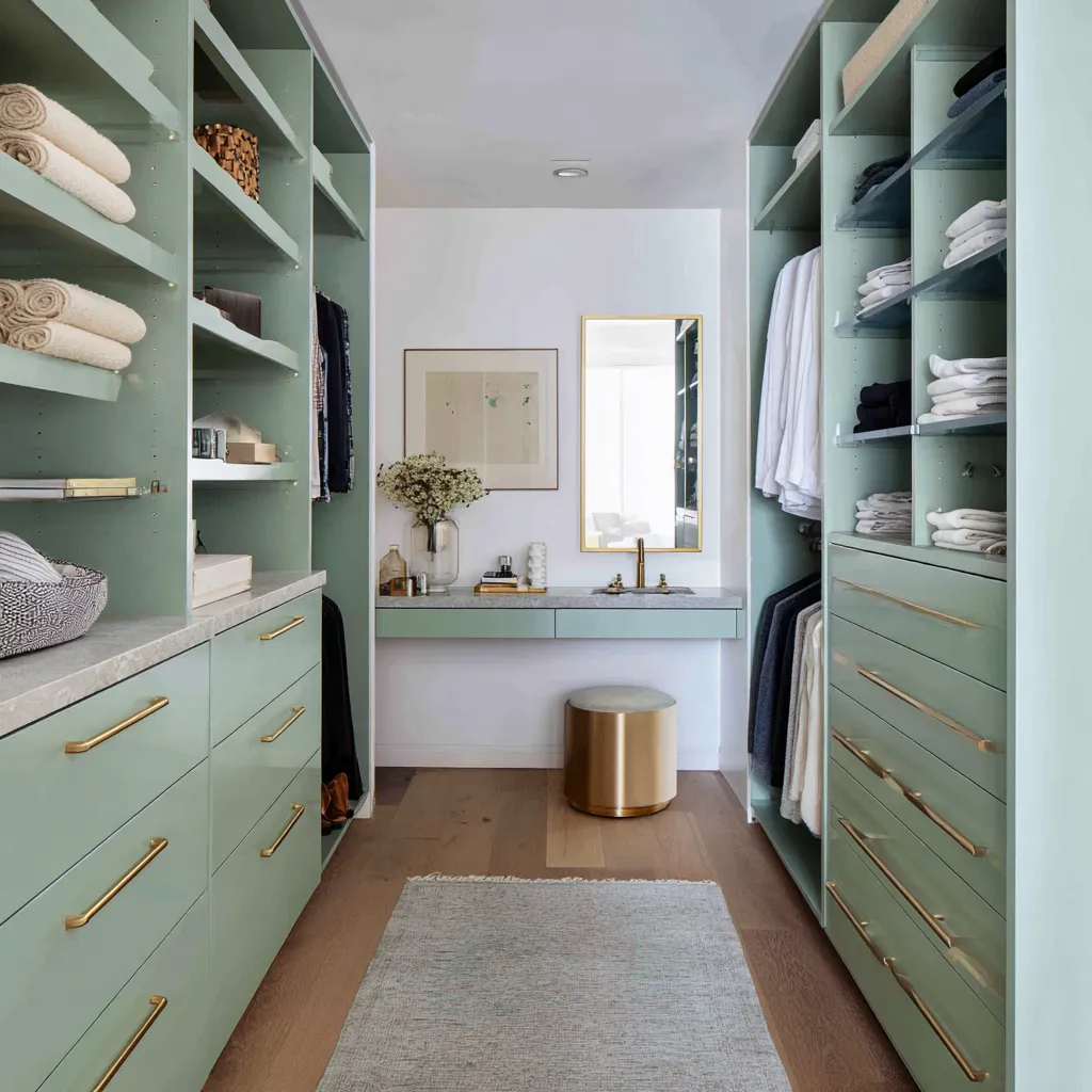 Polished jade walk-in closet with glossy green cabinetry, marble counters, brass handles, vanity mirror, warm wood floor Polished jade walk-in closet with glossy green cabinetry, marble counters, brass handles, vanity mirror, warm wood floor