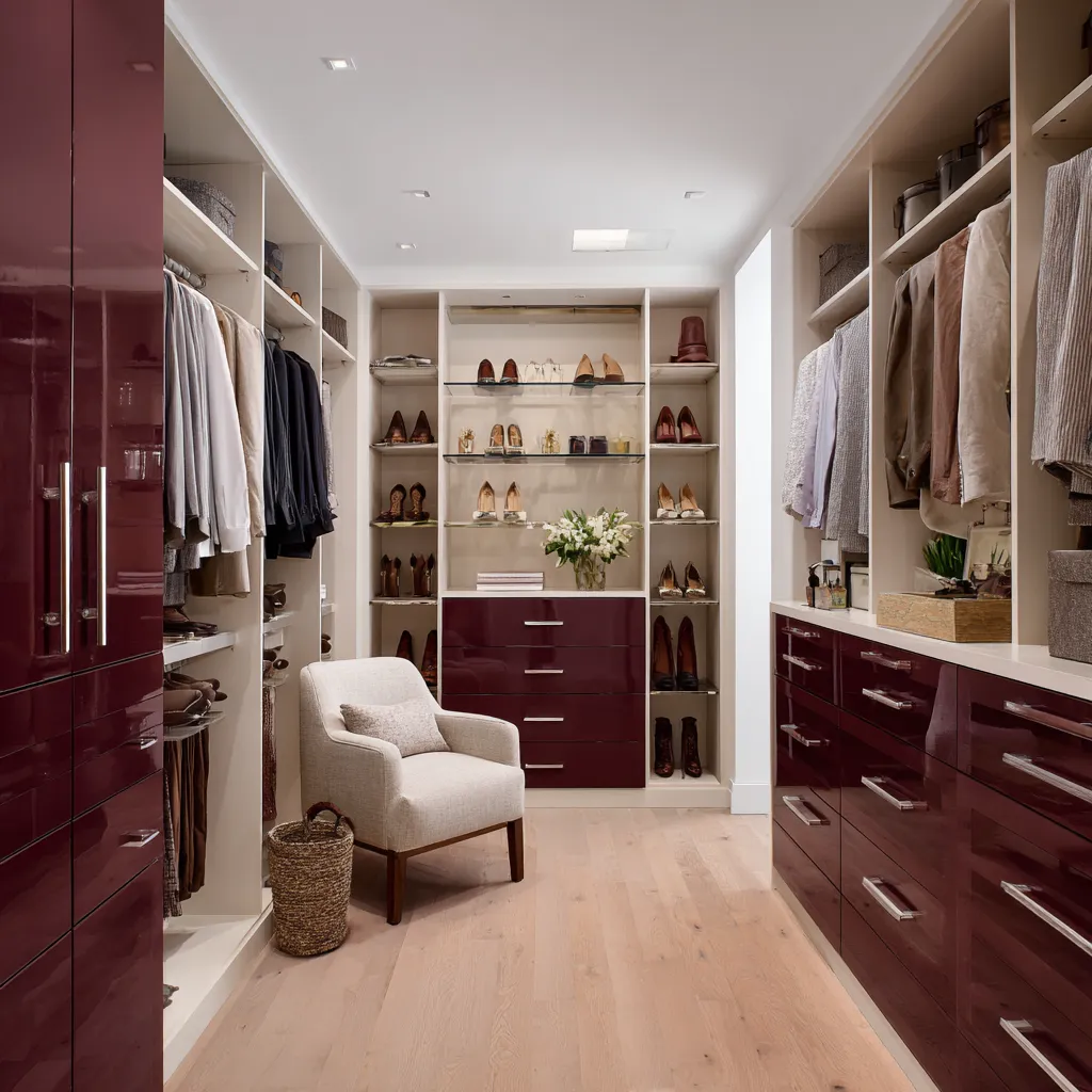 Roasted fig walk-in closet with high-gloss burgundy drawers, cream shelving, glass display shelves, pale oak flooring Roasted fig walk-in closet with high-gloss burgundy drawers, cream shelving, glass display shelves, pale oak flooring
