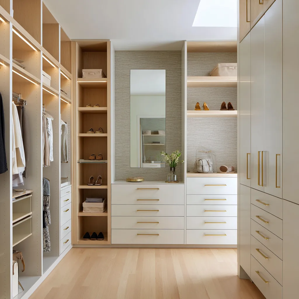 Silver mushroom walk-in closet with pale oak warmth, ivory cabinet fronts, grasscloth-like backing, brass lines Silver mushroom walk-in closet with pale oak warmth, ivory cabinet fronts, grasscloth-like backing, brass lines