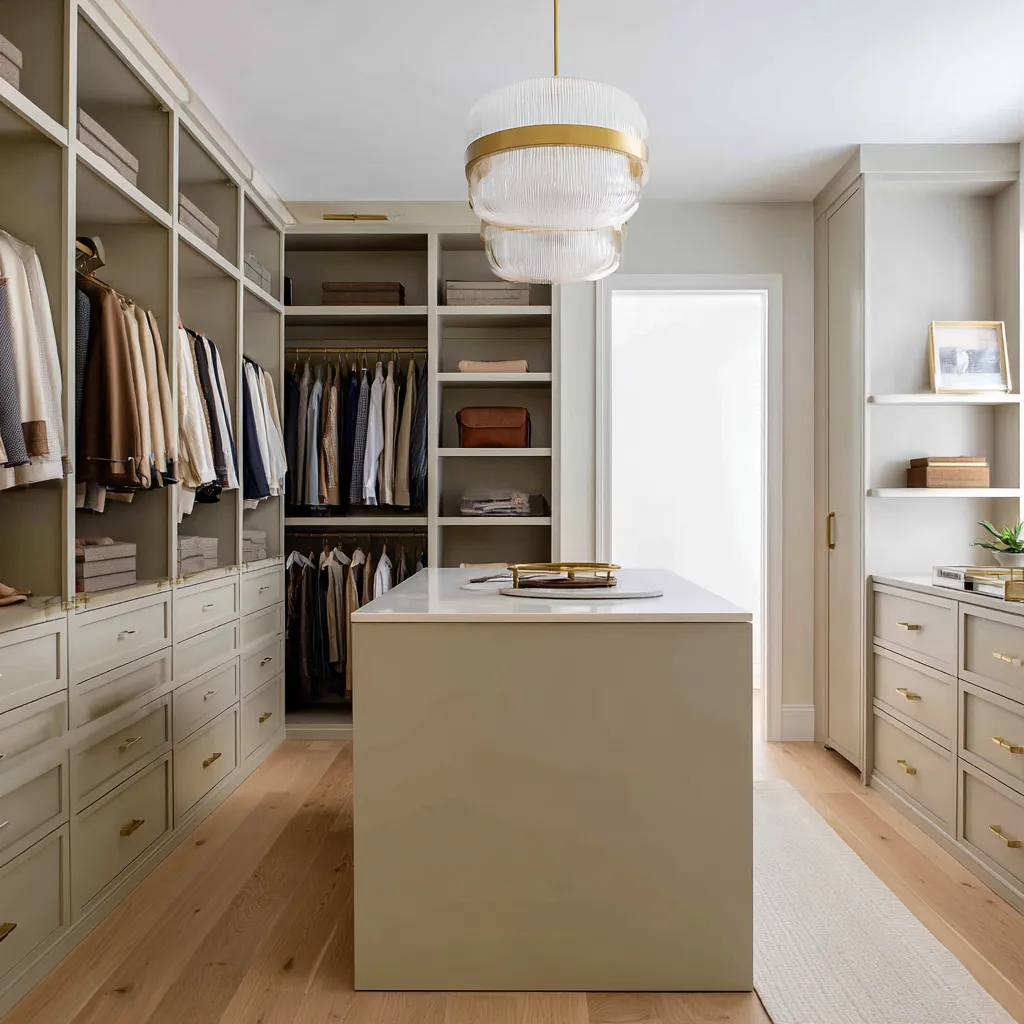 Soft brass-ochre walk-in closet with warm khaki cabinetry, marble island, ribbed glass pendant, brass details Soft brass-ochre walk-in closet with warm khaki cabinetry, marble island, ribbed glass pendant, brass details