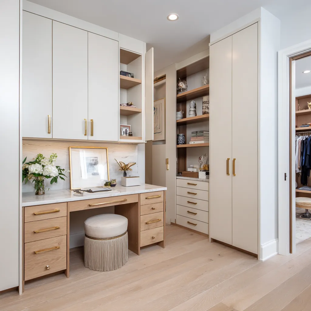 Walk-in closet office with warm white cabinetry, pale oak desk drawers, marble backsplash, brass hardware Walk-in closet office with warm white cabinetry, pale oak desk drawers, marble backsplash, brass hardware