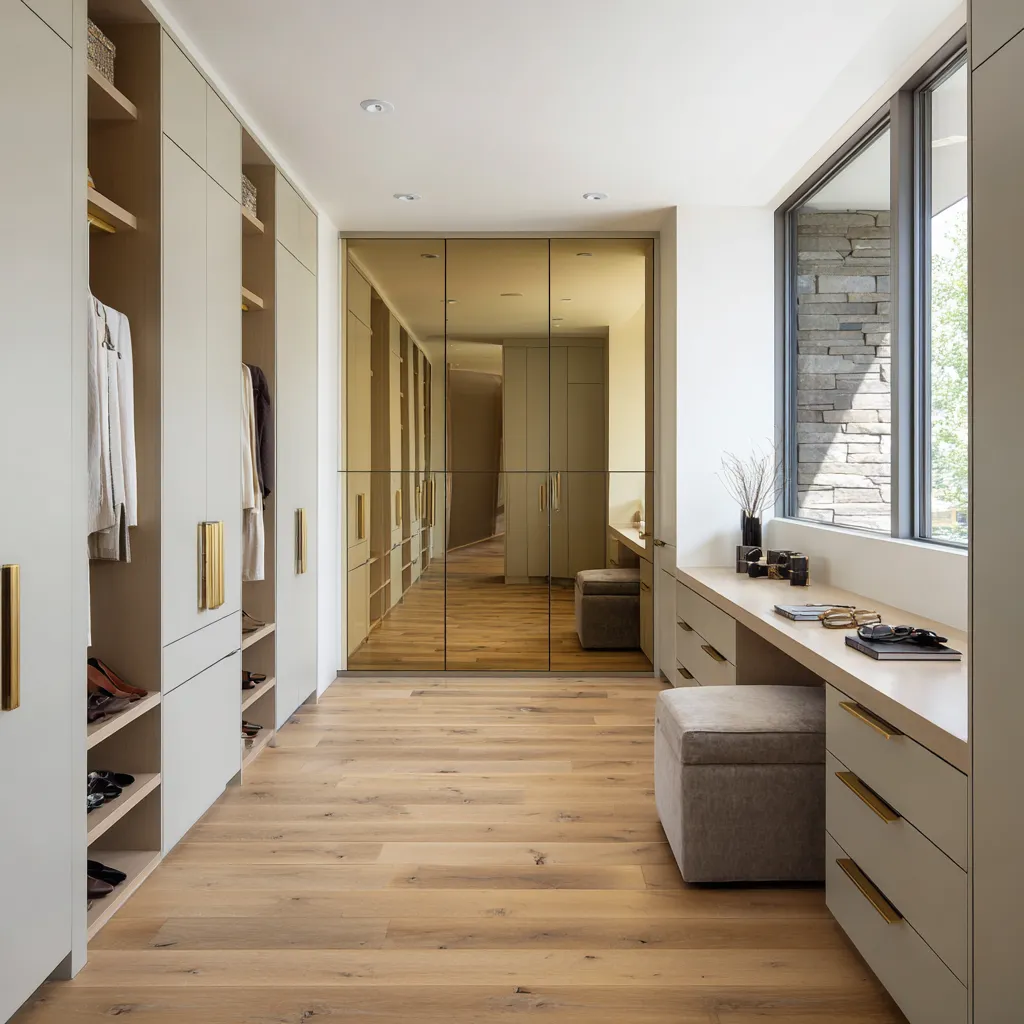 Warm greige walk-in closet with amber-smoked mirrored doors, natural oak flooring, brass hardware, window-side dressing counter Warm greige walk-in closet with amber-smoked mirrored doors, natural oak flooring, brass hardware, window-side dressing counter