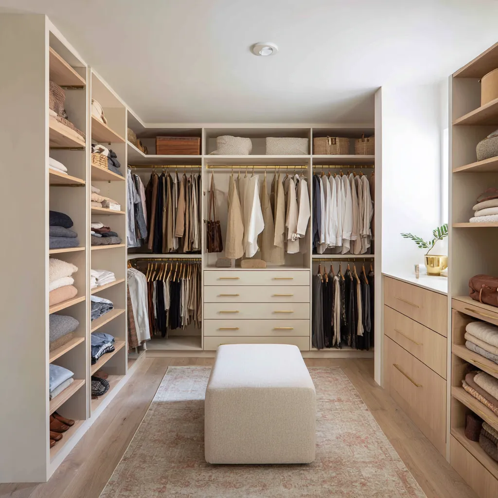 buttercream walk-in closet with warm cream cabinetry, pale oak shelf interiors, brass rods, soft blush rug, upholstered ottoman buttercream walk-in closet with warm cream cabinetry, pale oak shelf interiors, brass rods, soft blush rug, upholstered ottoman