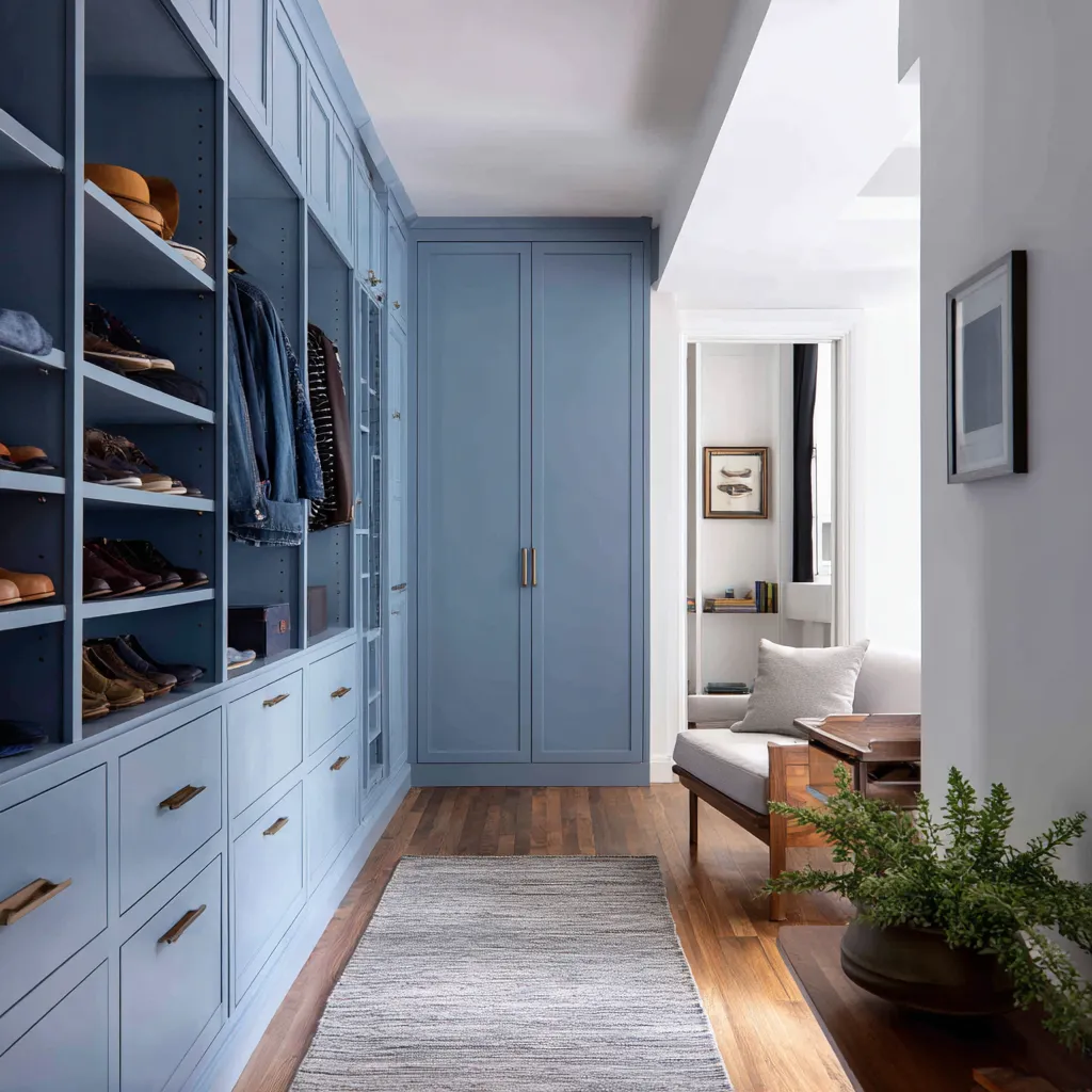 cornflower walk-in closet with blue built-ins, warm walnut flooring, brass hardware, gray woven runner, and an adjoining seating nook cornflower walk-in closet with blue built-ins, warm walnut flooring, brass hardware, gray woven runner, and an adjoining seating nook