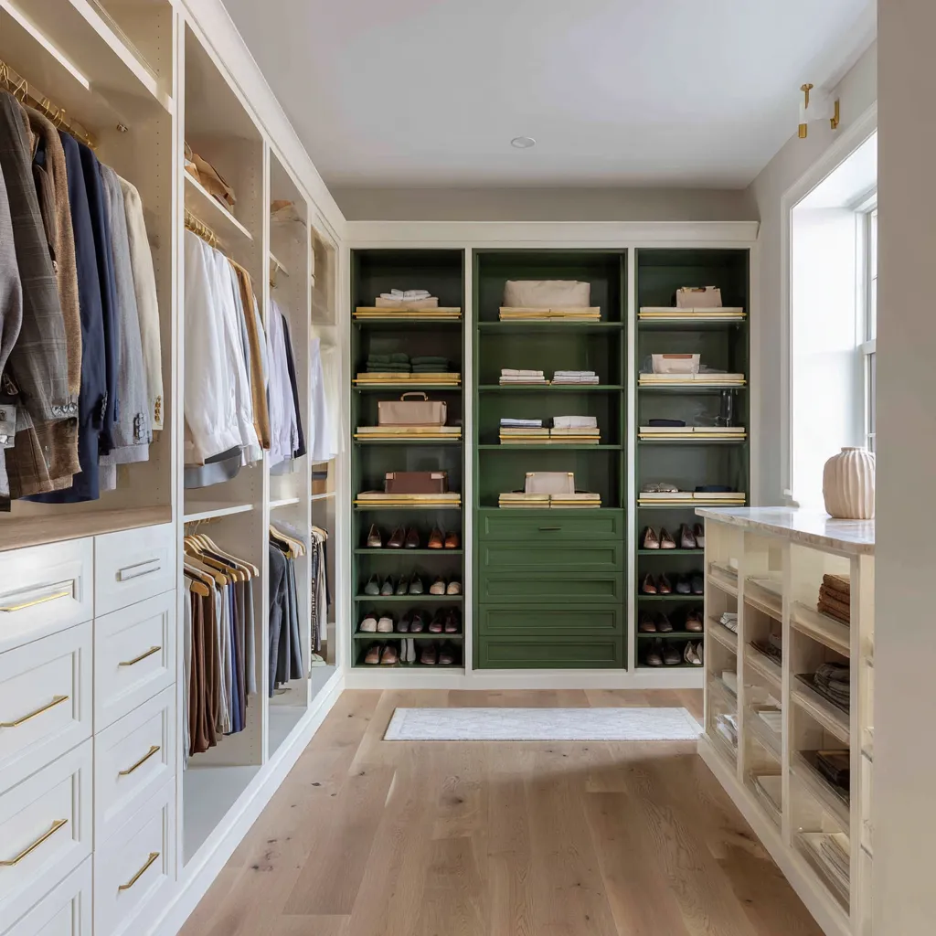 laurel walk-in closet with white perimeter cabinetry, green display shelves, brass shelf rails, oak flooring, and a pale island