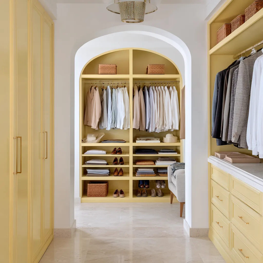 parchment yellow walk-in closet with arched storage niche, buttery cabinetry, white plaster framing, brass rods parchment yellow walk-in closet with arched storage niche, buttery cabinetry, white plaster framing, brass rods