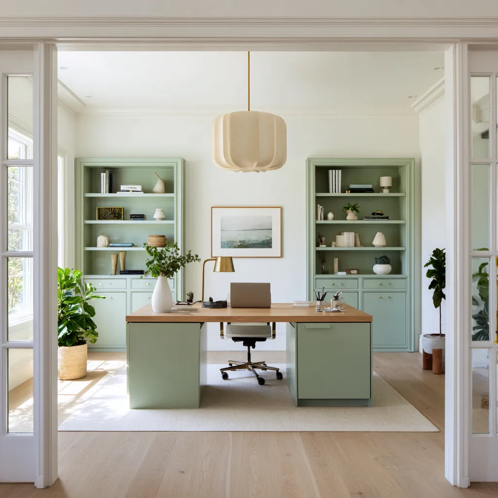 sage office with paired bookcases, matching desk bases, oak worktop, sculptural plaster pendant, brass accents, and garden greenery