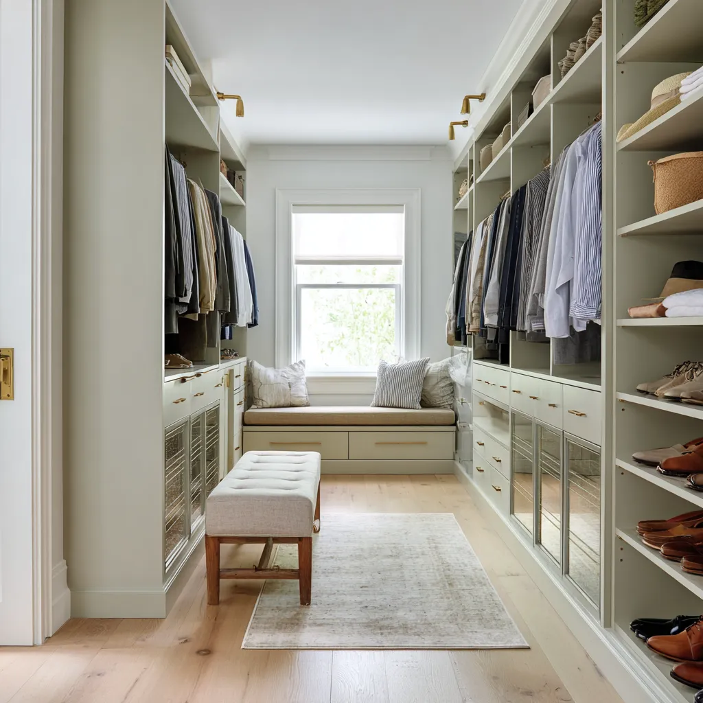 walk-in closet with sage-gray cabinetry, window bench, mirrored lower doors, brass ceiling lights, pale rug, and woven storage walk-in closet with sage-gray cabinetry, window bench, mirrored lower doors, brass ceiling lights, pale rug, and woven storage