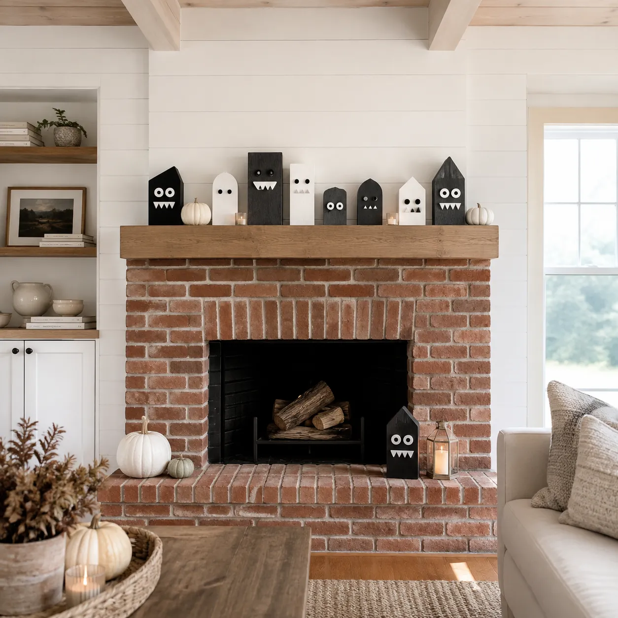 Black-and-white little monsters on a white shiplap fireplace with a red brick fireplace