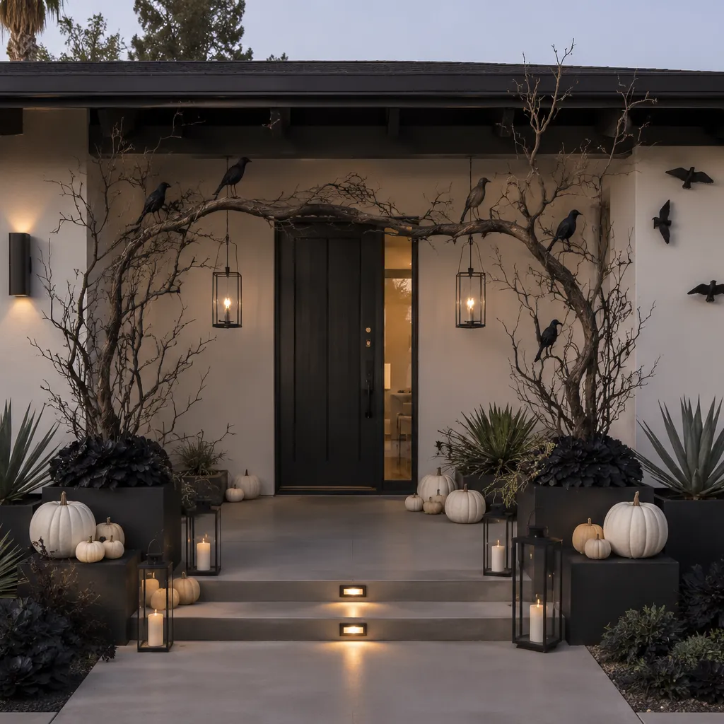 Contemporary ranch porch Halloween decoration with a temporary branch portal around the door Contemporary ranch porch Halloween decoration with a temporary branch portal around the door