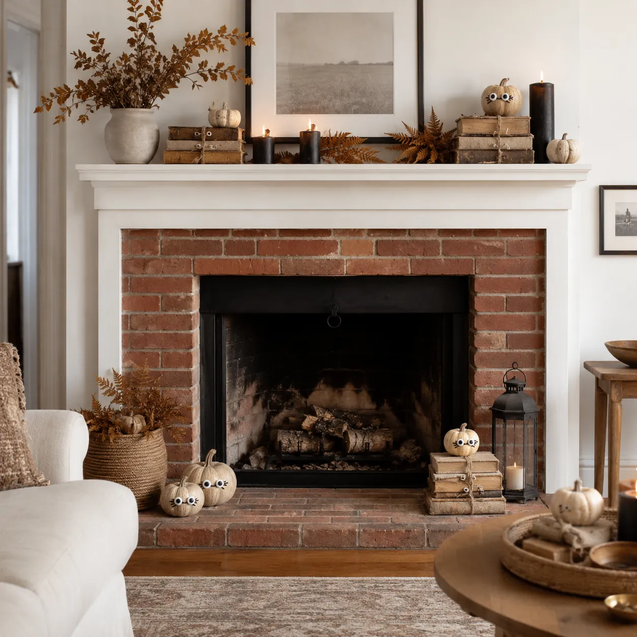 Cream pumpkins, old books, dried foliage and tiny monster eyes on a red brick fireplace Cream pumpkins, old books, dried foliage and tiny monster eyes on a red brick fireplace