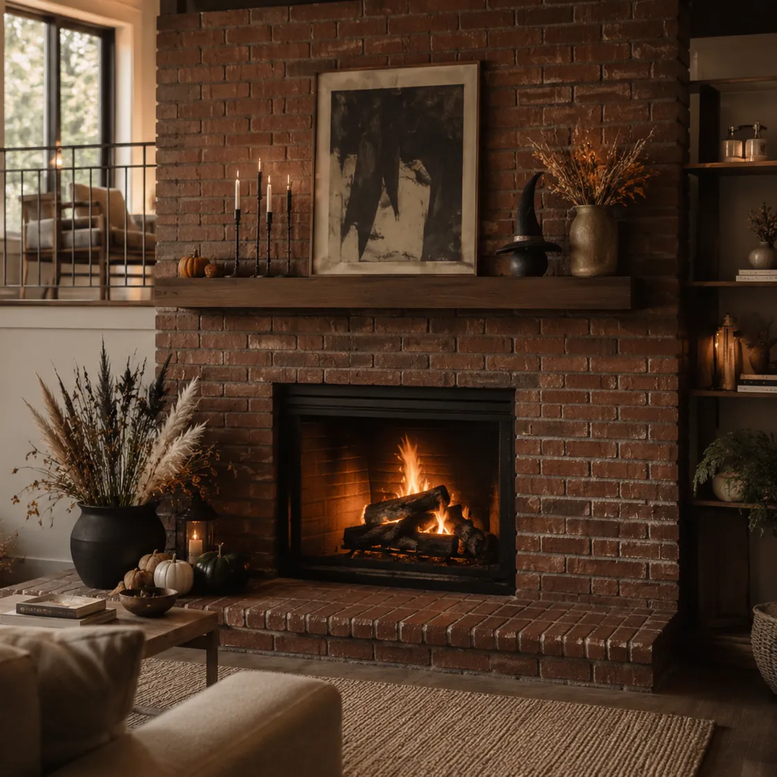 Dark brick, witch hat, tall candles and sparse dried grasses as a dark fireplace Halloween decorating ideas Dark brick, witch hat, tall candles and sparse dried grasses as a dark fireplace Halloween decorating ideas