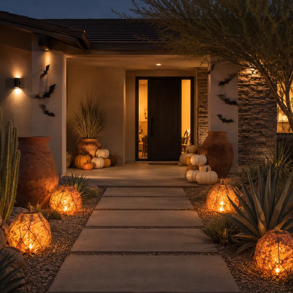 Desert modern porch with glowing geometric lanterns are distributed through the desert landscape Desert modern porch with glowing geometric lanterns are distributed through the desert landscape