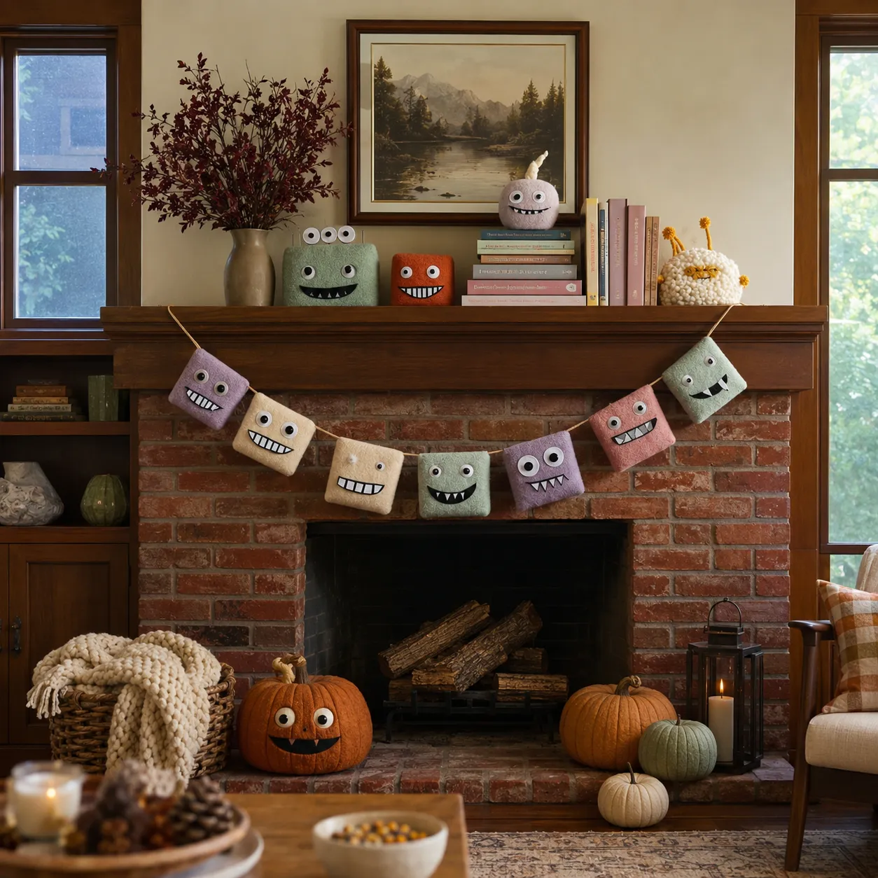 Halloween soft monster garland with dusty colors and dark timber for red fireplaces Halloween soft monster garland with dusty colors and dark timber for red fireplaces