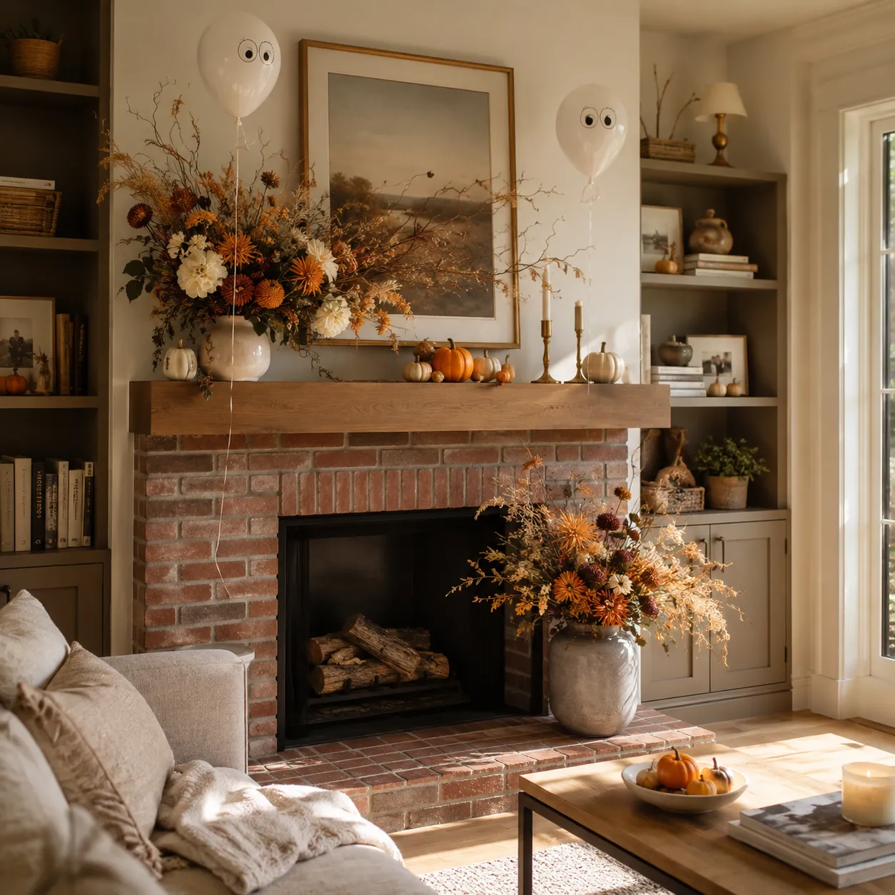 Large autumn florals with two floating ghost balloons as Halloween decorations Large autumn florals with two floating ghost balloons as Halloween decorations