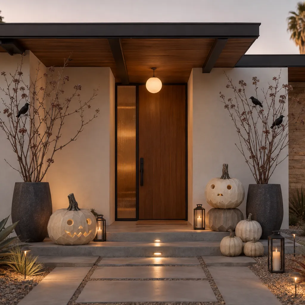 Mid-century modern entrance redesigns the jack-o-lantern to match the architecture Mid-century modern entrance redesigns the jack-o-lantern to match the architecture
