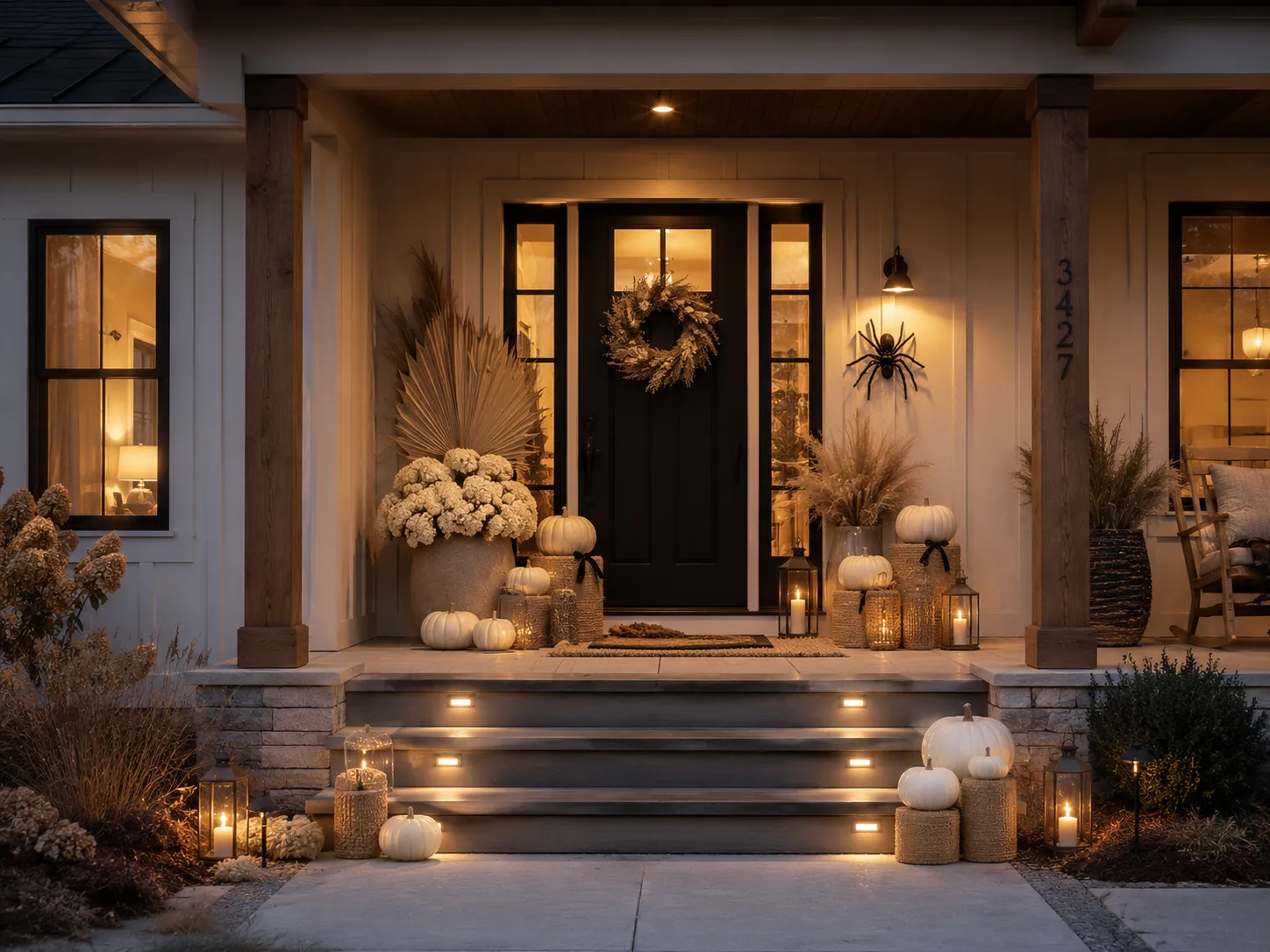 Modern farmhouse porch uses one obvious Halloween symbol inside an otherwise seasonal composition Modern farmhouse porch uses one obvious Halloween symbol inside an otherwise seasonal composition